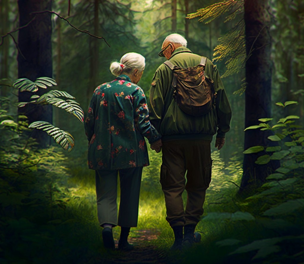 Starsze małżeństwo spacerujące w lesie